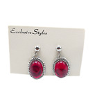 NWT Red Glass Cabochon Dangle Drop Earrings Silver Tone Vintage