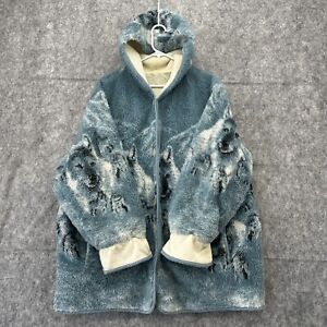 VTG Fleece Jacket Mens 2XL Blue Deep Pile Wolf Graphic AOP Hooded Coat 90s