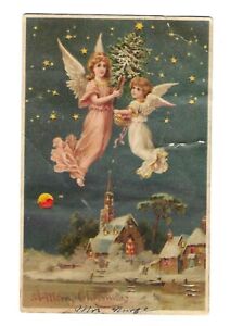 1906 Hold to Light Christmas Postcard, Angels in the Sky, Stars & Moon