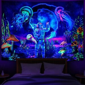 Blacklight Astronaut Tapestry, UV Reactive Jellyfish Wall Tapestry, W59×H51 Neon