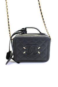 Chanel Womens Caviar Leather Small CC Filigree Vanity Case Handbag Black