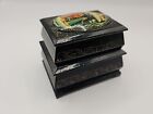 Vintage Russian Black Lacquer Hand Painted Signed Double Deck Trinket Box  c4