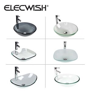 ELECWISH Bathroom Vessel Sink Tempered Glass Counter top Basin Bowl with Faucet