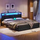 King Size LED Bed Frame with Storage Headboard Upholstered Platform Black PU Bed