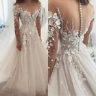 White Ivory Lace Applique Wedding Dresses Long sleeve Tulle Bridal Gown Custom