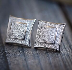 Mens 14k White Gold Plated Silver Square Kite Iced CZ Earrings Studs