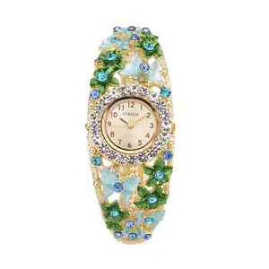 STRADA Japanese Movement Blue Crystal Flower Butterfly Bangle Bracelet Watch