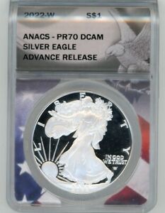 2022-W Proof ASE PR70DCAM ANACS Advance Release silver eagle label and flag core