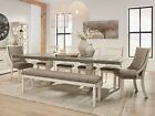 ON SALE - 8 piece Farmhouse White & Brown Dining Table Chairs Bench Set IC1G