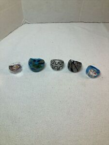 Lot Of 5 Large Mixed Colorful Plastic Glass Boho Costume Rings
