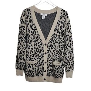 M Magaschoni Leopard Cardigan Wool Cashmere V Neck Sweater Womens Large