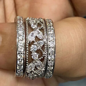 QVC Epiphany Platinum Clad Diamonique Lace Design 3pc Ring Set Pre-owned Jewelry