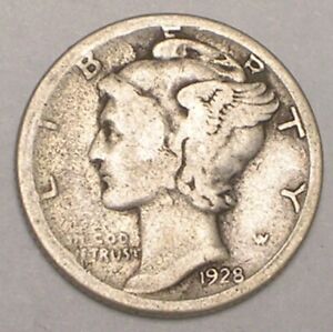 1928 S Mercury Winged Head Dime 10 Cents Silver Coin F
