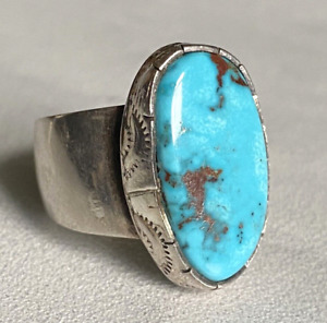 Vintage Navajo “M. Guerro” Sterling Silver & Bisbee Turquoise Ring - Size 9