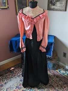 Antique Victorian Edwardian 2 Piece Silk & Brocade Dress Lace For Study /Display