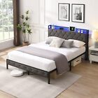 Upholstered Bed Frame with Storage Headboard, Charging Station and LED Light HOT