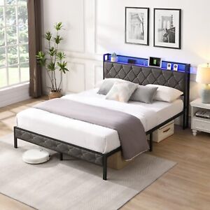 Upholstered Bed Frame with Storage Headboard, Charging Station and LED Lights US