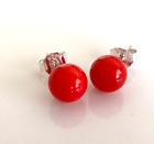 Natural Bamboo Red Coral 8mm Round Ball Stud Earrings Solid 925 Sterling Sliver
