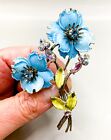 Vintage Coro Blue Enameled Flower Brooch with AB Rhinestones
