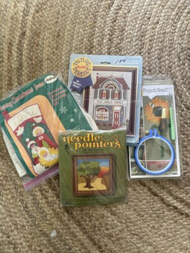 Vintage Lot of 3 New/1 Partial Needle Craft Kits Punch/embroidery/needlepoint