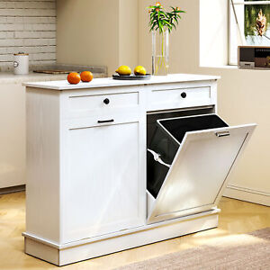 White Double Tilt Out Trash Can Cabinet Holder Kitchen Garbage Laundry Sorter