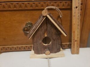 Rustic Cabin Wooden Bird House - Wood Bark Hanging Perch