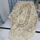 Vintage 72 X 88 Oval Cream Brown Floral Lace Tablecloth Scalloped Edge