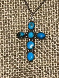 Old Pawn Turquoise Cabochon Cross Sterling Necklace Pendant