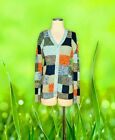 DIANA Women's Size Large Green Orange PATCHWORK Plaid Cardigan Sweater Button Up