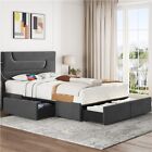 Upholstered Bed Queen with USB Charging Ports/4 Storage Drawers, Dark Gray/Beige