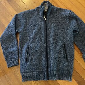 Yeokou Sweater SZ S Cashmere Blend Flannel Lined Blue Men Full Zip Knit Cardigan