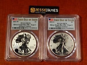 2021 W & S REVERSE PROOF SILVER EAGLE PCGS PR70 PR70 FIRST DAY ISSUE 2 COIN SET