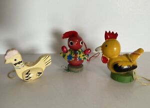 Vintage 1.5” Miniature Hand Painted Lot of 3 Wooden Rooster Chicken Ornaments