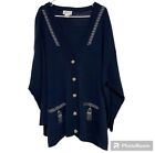 Adolfo Woman VTG Cardigan Sweater 3X Navy Wool Blend Embroidered Ornate Buttons