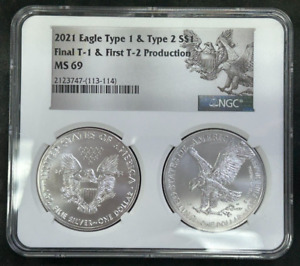 2021 Type 1 and Type 2 Silver Eagles NGC MS69 Double Slab