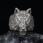 925 Sterling Silver Wolf Head Ring For Men. Solid Silver Wolf Ring with Red Eyes