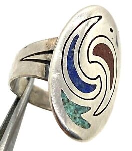 Old Pawn Native American Lapis Coral Turquoise Sterling Silver Ring Size 8