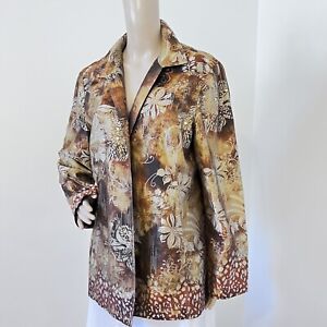 CHICO'S SZ 2 L  12 14  Brown Silk Open Front JACKET  Embellished Coat NEW