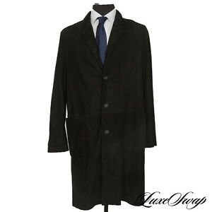 #1 MENSWEAR LNWOT INSANE Bergfabel Italy Black Suede Leather Long Trench Coat 50