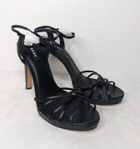 NWT DKNY Black Strappy Stiletto Embossed Leather Sandal Heels - SIZE 9