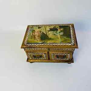 Vintage Gold Wood Jewelry Box Ballerina  7 3/4 x 5 1/8 x 4 1/2