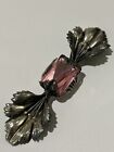 Stunning Vintage Sterling Silver Hibiscus floral Brooch Pin With Pink Stone