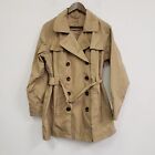 LL Bean Womens Cropped Trench Coat Size M Double Breasted Tan Pockets Belted