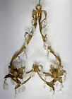 Italian Tole Gold Candle Wall Sconce w/ Crystals Prisms Vintage Hollywood Reg