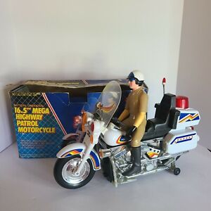 Vtg Mega Highway Patrol Police Motorcycle Battery Operated Toy W/ Box Works 16.5