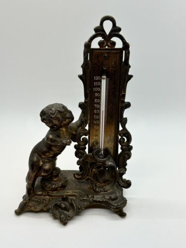 Antique Brass Thermometer Child/Angel Figure Sculpture Masterpiece Statue 9.5”