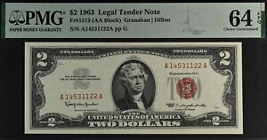 1963 $2 Legal Tender PMG 64EPQ wanted bloody red seal US Note Fr 1513