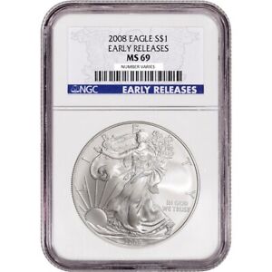 2008 $1 American Silver Eagle NGC MS69 EARLY RELEASES Blue Label