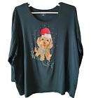CATHERINES Women Sz 3X Christmas Dog With Lights Dark Green T-Shirt Long Sleeve