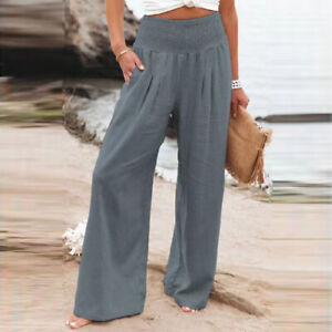 Women's Cotton Linen Pants Loose Yoga Sweatpants Pockets Wide Leg Gym Sweatpants